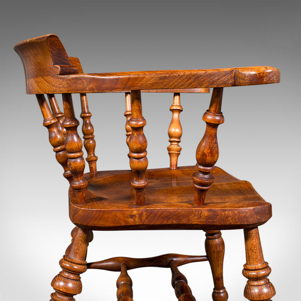 Antique Country House Captain's Chair, English Elm, Smoker's Bow Seat, Victorian