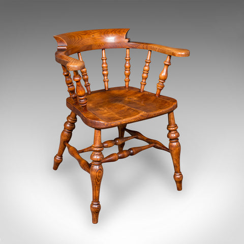 Antique Country House Captain's Chair, English Elm, Smoker's Bow Seat, Victorian