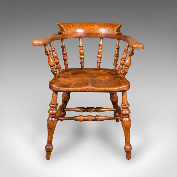 Antique Country House Captain's Chair, English Elm, Smoker's Bow Seat, Victorian