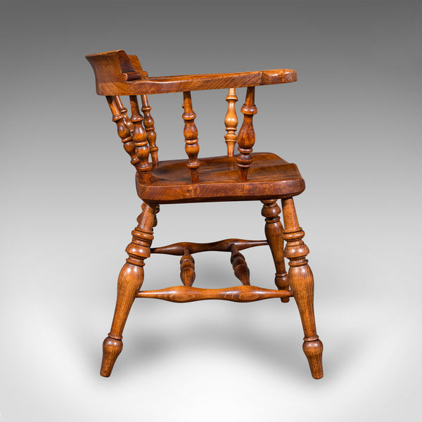 Antique Country House Captain's Chair, English Elm, Smoker's Bow Seat, Victorian