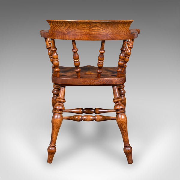 Antique Country House Captain's Chair, English Elm, Smoker's Bow Seat, Victorian