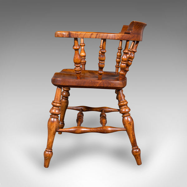 Antique Country House Captain's Chair, English Elm, Smoker's Bow Seat, Victorian