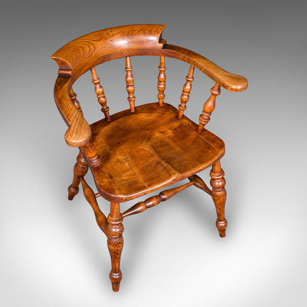 Antique Country House Captain's Chair, English Elm, Smoker's Bow Seat, Victorian