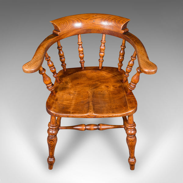 Antique Country House Captain's Chair, English Elm, Smoker's Bow Seat, Victorian