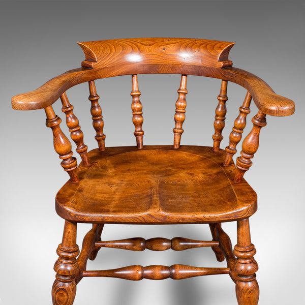 Antique Country House Captain's Chair, English Elm, Smoker's Bow Seat, Victorian