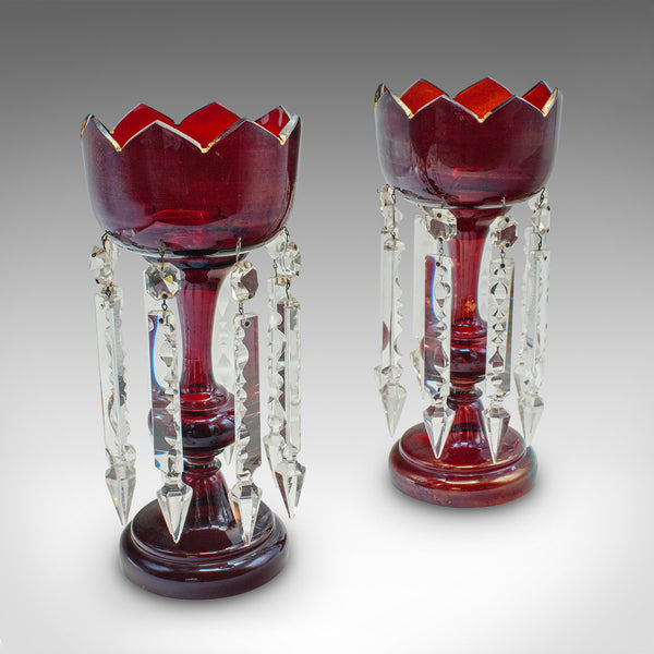 Pair Of Antique Cranberry Lustres, English, Glass, Candle Lamp, Victorian, 1900