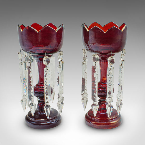 Pair Of Antique Cranberry Lustres, English, Glass, Candle Lamp, Victorian, 1900