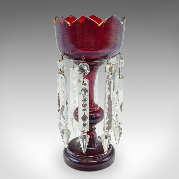 Pair Of Antique Cranberry Lustres, English, Glass, Candle Lamp, Victorian, 1900