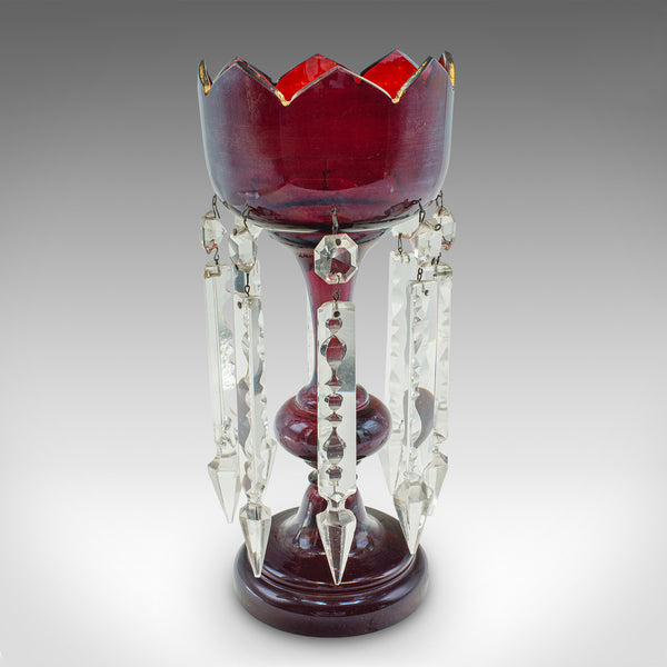 Pair Of Antique Cranberry Lustres, English, Glass, Candle Lamp, Victorian, 1900