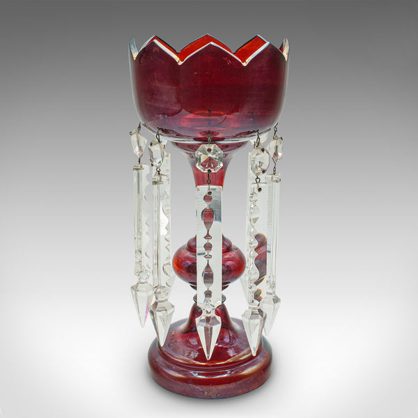 Pair Of Antique Cranberry Lustres, English, Glass, Candle Lamp, Victorian, 1900