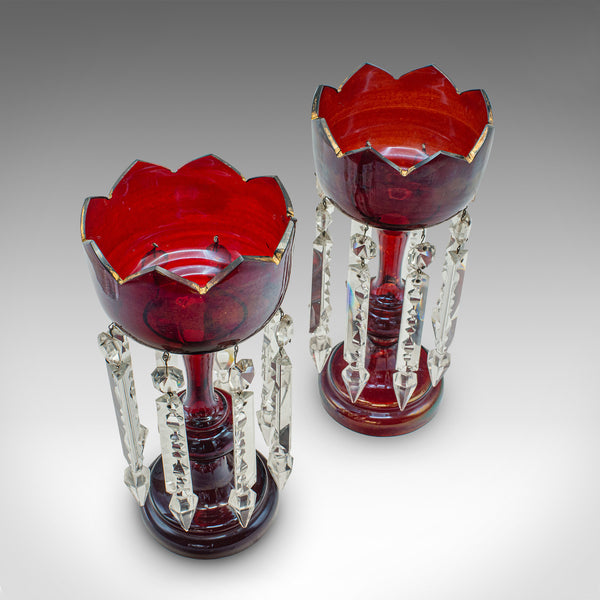 Pair Of Antique Cranberry Lustres, English, Glass, Candle Lamp, Victorian, 1900