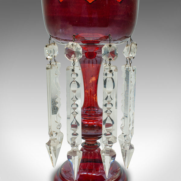 Pair Of Antique Cranberry Lustres, English, Glass, Candle Lamp, Victorian, 1900