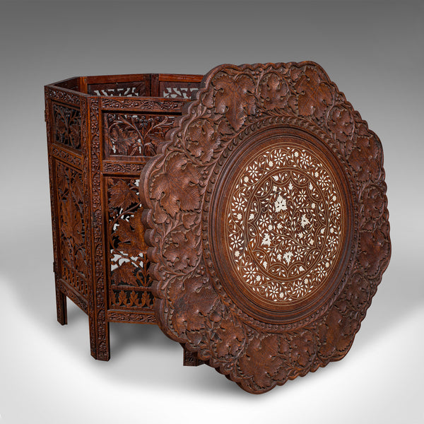 Vintage Campaign Tea Table, Burmese, Carved Teak, Display, Lamp, Art Deco, 1940