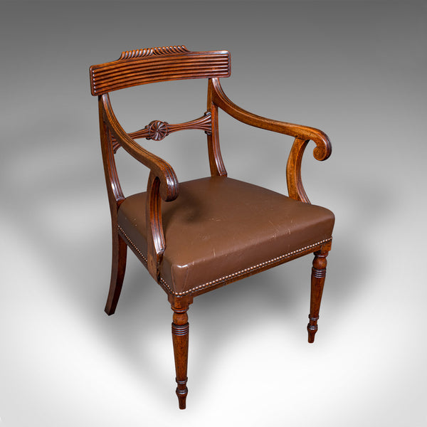 Antique Drawing Room Elbow Chair, English, Leather, Desk Seat, Regency, C.1820