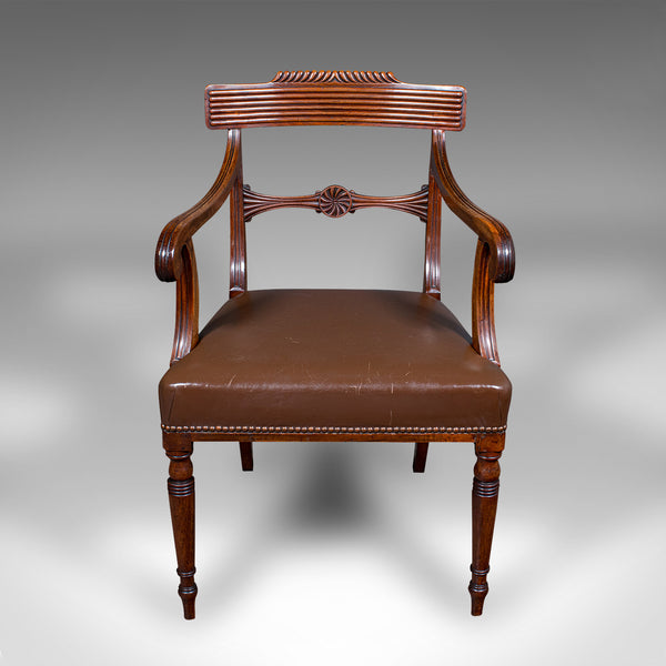 Antique Drawing Room Elbow Chair, English, Leather, Desk Seat, Regency, C.1820