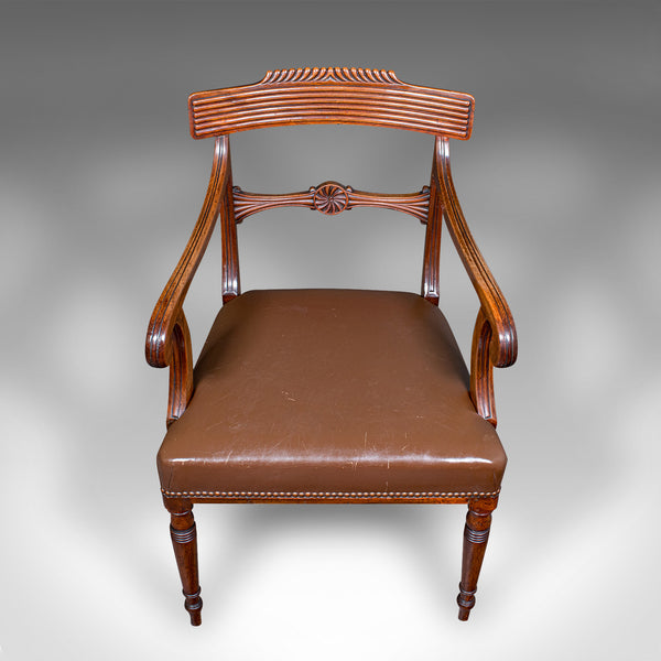 Antique Drawing Room Elbow Chair, English, Leather, Desk Seat, Regency, C.1820