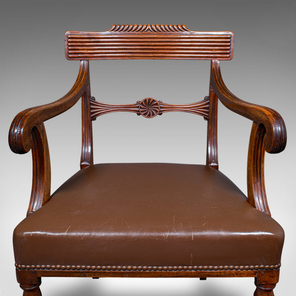 Antique Drawing Room Elbow Chair, English, Leather, Desk Seat, Regency, C.1820