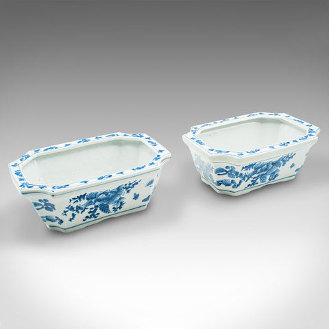 Pair Of Vintage Window Box Planters, Chinese Ceramic, Blue and White, Decorative