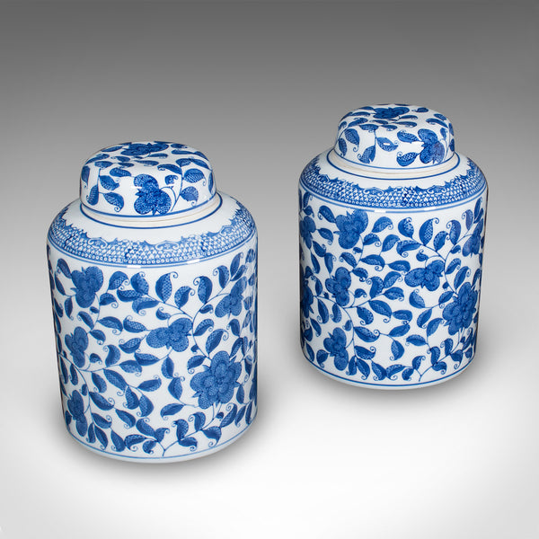 Pair Of Vintage Kitchen Display Jars, Chinese, Ceramic, Blue & White, Storage