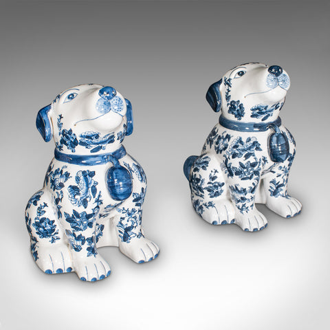 Pair Of Vintage Decorative Book Dogs, Chinese, Ceramic, Blue & White, Bookends