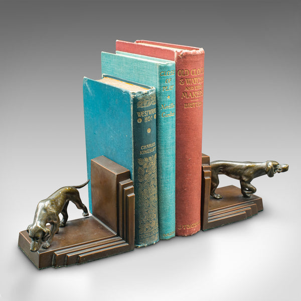 Pair Of Vintage Pointer Bookends, French Bronze, Dog Figure, Book Rest, Art Deco