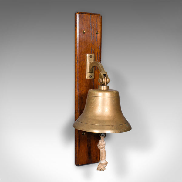 Antique School Bell, English, Oak, Brass, Wall Mounted, Dinner Chime, Edwardian