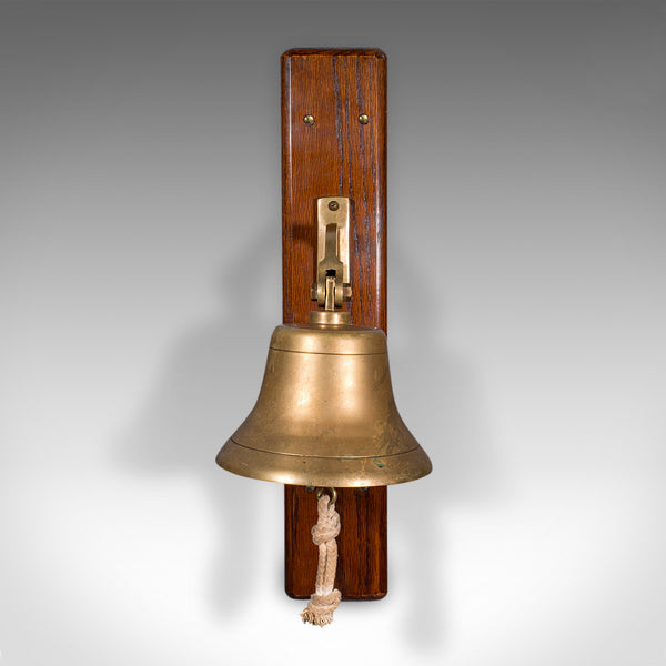 Antique School Bell, English, Oak, Brass, Wall Mounted, Dinner Chime, Edwardian