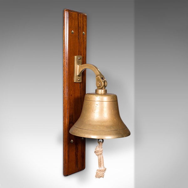 Antique School Bell, English, Oak, Brass, Wall Mounted, Dinner Chime, Edwardian