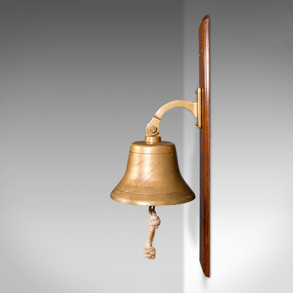 Antique School Bell, English, Oak, Brass, Wall Mounted, Dinner Chime, Edwardian