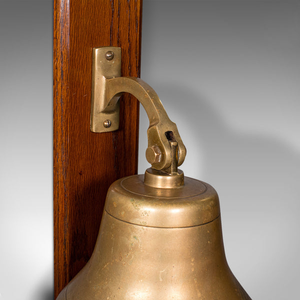 Antique School Bell, English, Oak, Brass, Wall Mounted, Dinner Chime, Edwardian