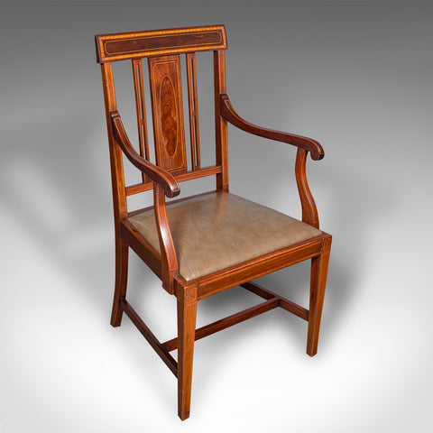 Antique Morning Room Side Chair, English Walnut Elbow Seat, Shoolbred, Edwardian