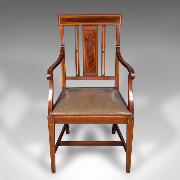 Antique Morning Room Side Chair, English Walnut Elbow Seat, Shoolbred, Edwardian