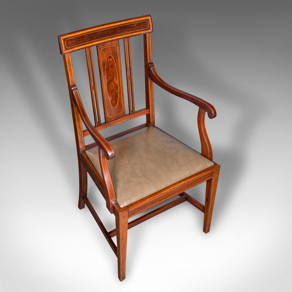 Antique Morning Room Side Chair, English Walnut Elbow Seat, Shoolbred, Edwardian