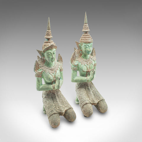 Pair Of Vintage Decorative Prayer Figures, Bronze Thai Deity, Bookends, Art Deco