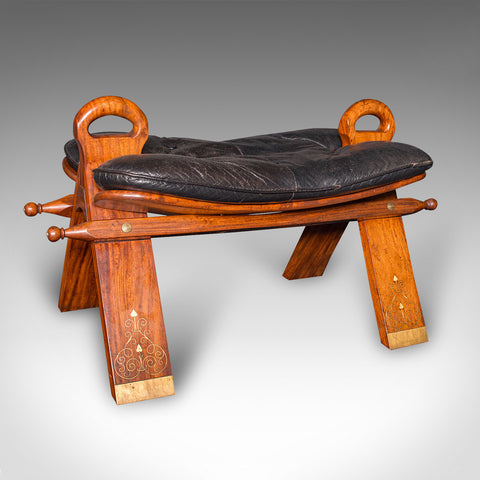 Vintage Middle Eastern Camel Seat, Walnut, Leather, Hall Rest, Footstool, C.1960