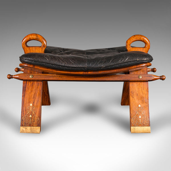 Vintage Middle Eastern Camel Seat, Walnut, Leather, Hall Rest, Footstool, C.1960