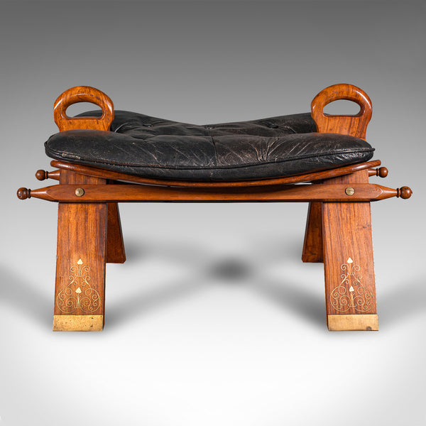 Vintage Middle Eastern Camel Seat, Walnut, Leather, Hall Rest, Footstool, C.1960