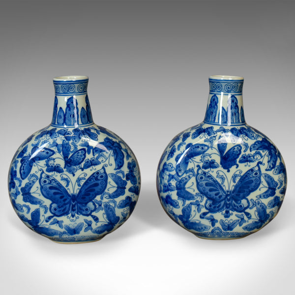 Pair Of Chinese Stem Vases, Circular Bowls, Narrow Necks, Blue & White Butterfly - London Fine Antiques