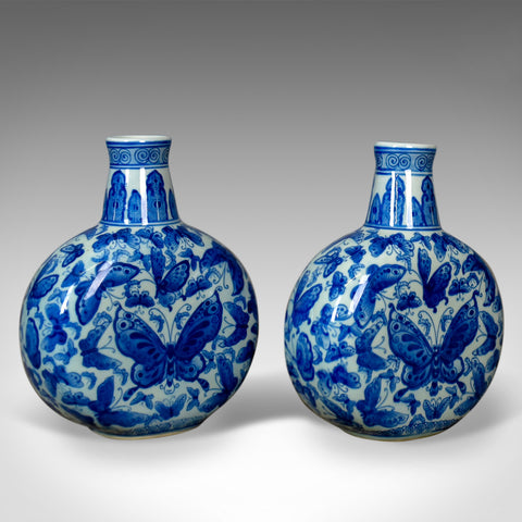 Pair Of Chinese Stem Vases, Circular Bowls, Narrow Necks, Blue & White Butterfly - London Fine Antiques