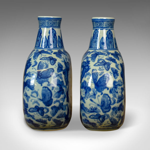 Pair Of Chinese Stem Vases, Circular Bowls, Narrow Necks, Blue & White Butterfly - London Fine Antiques