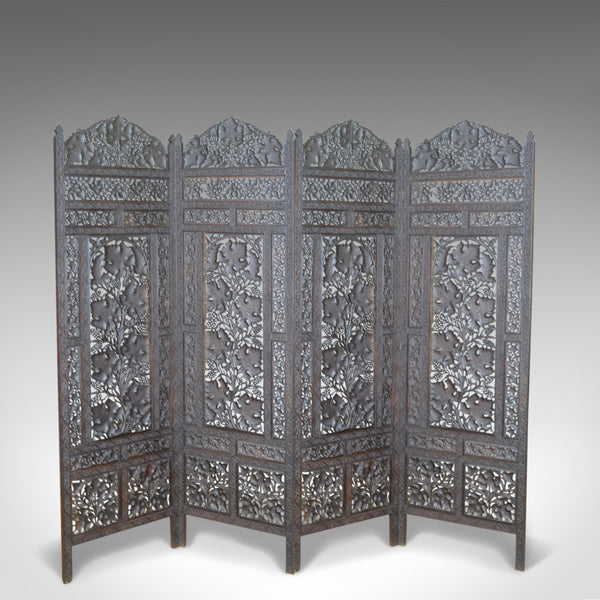 Vintage '40s Folding Screen, 4 Panel, Teak, Pierced Fretwork Room Divider, Prop - London Fine Antiques