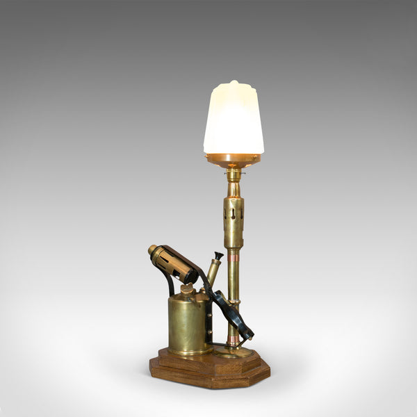 Vintage Decorative Lamp, English, Brass, Blow Torch, Light, Shade, Oak Base - London Fine Antiques