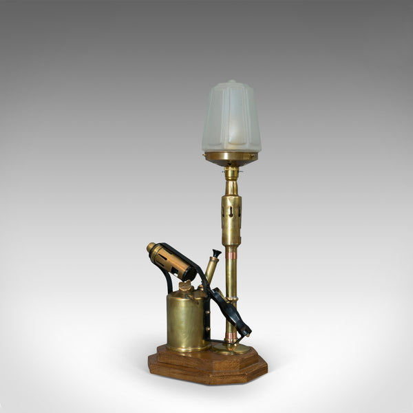 Vintage Decorative Lamp, English, Brass, Blow Torch, Light, Shade, Oak Base - London Fine Antiques