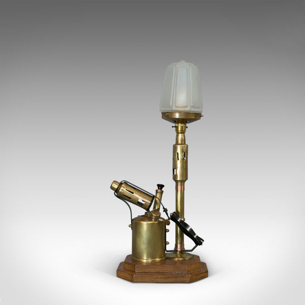 Vintage Decorative Lamp, English, Brass, Blow Torch, Light, Shade, Oak Base - London Fine Antiques