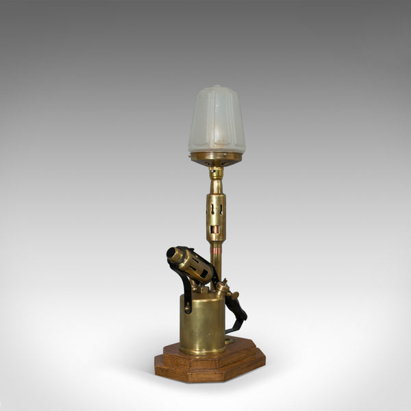 Vintage Decorative Lamp, English, Brass, Blow Torch, Light, Shade, Oak Base - London Fine Antiques