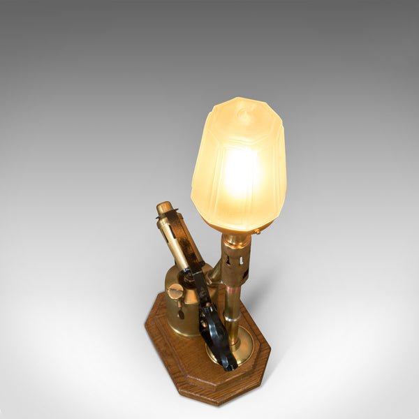 Vintage Decorative Lamp, English, Brass, Blow Torch, Light, Shade, Oak Base - London Fine Antiques