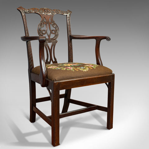 Antique Carver Chair, English, Mahogany, Needlepoint, Elbow, Chippendale Style - London Fine Antiques