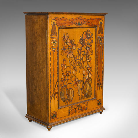 Small Antique Smoker's Cabinet, English, Pokerwork, Caddy, Art Nouveau, C.1890