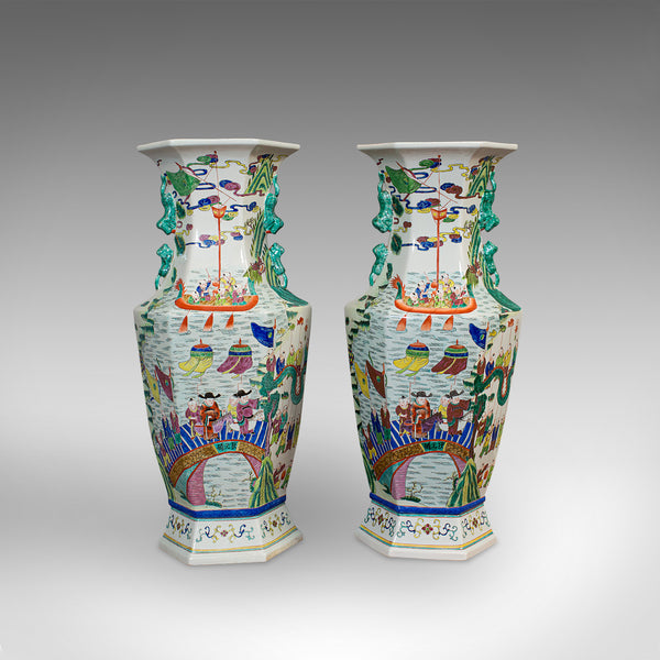 Very Large Pair, Antique Decorative Vases, Oriental, Ceramic, Urn, Circa 1900