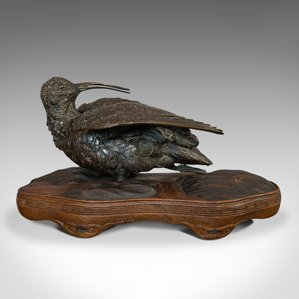 Antique, Curlew, Oriental, Bronze, Mahogany, Decorative, Small Bird, Circa 1900